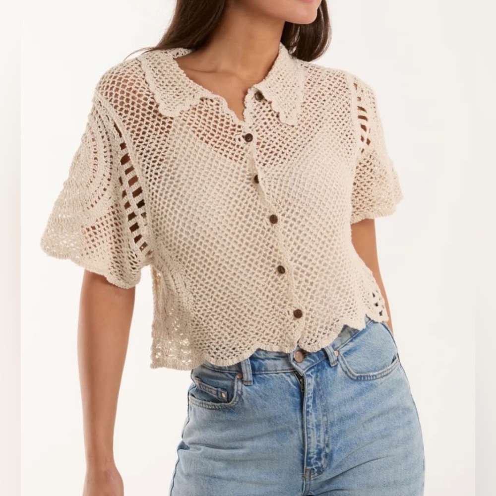Vintage Havana Cream Crochet Button-Up Top